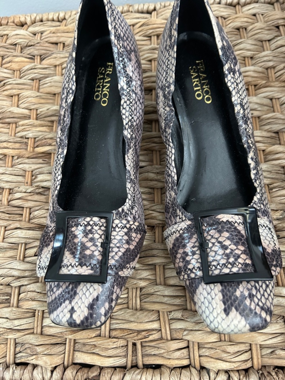 Franco Sarto Snake-Print Buckle Pumps in Beige, Taupe and Black